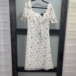 Lumiere White Midi Dress with Floral Print and Front Tie